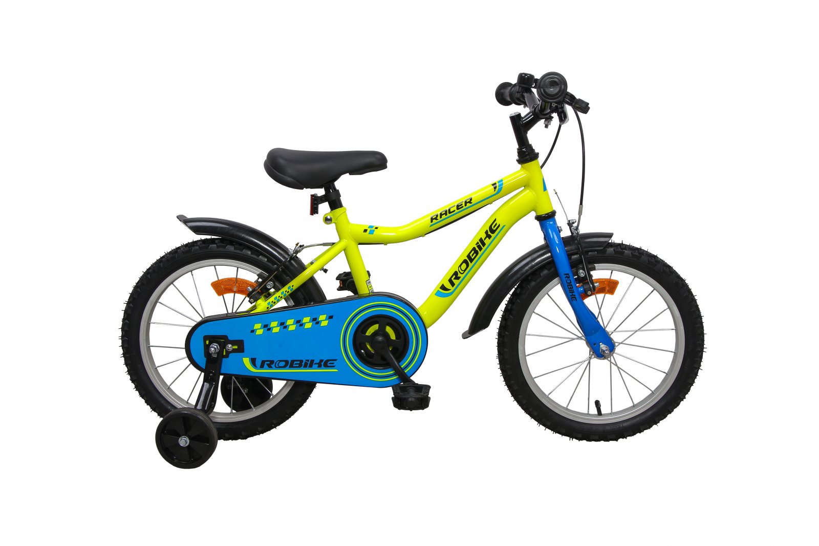 Bicicleta copii Robike Racer 16 Galben Neon Albastru